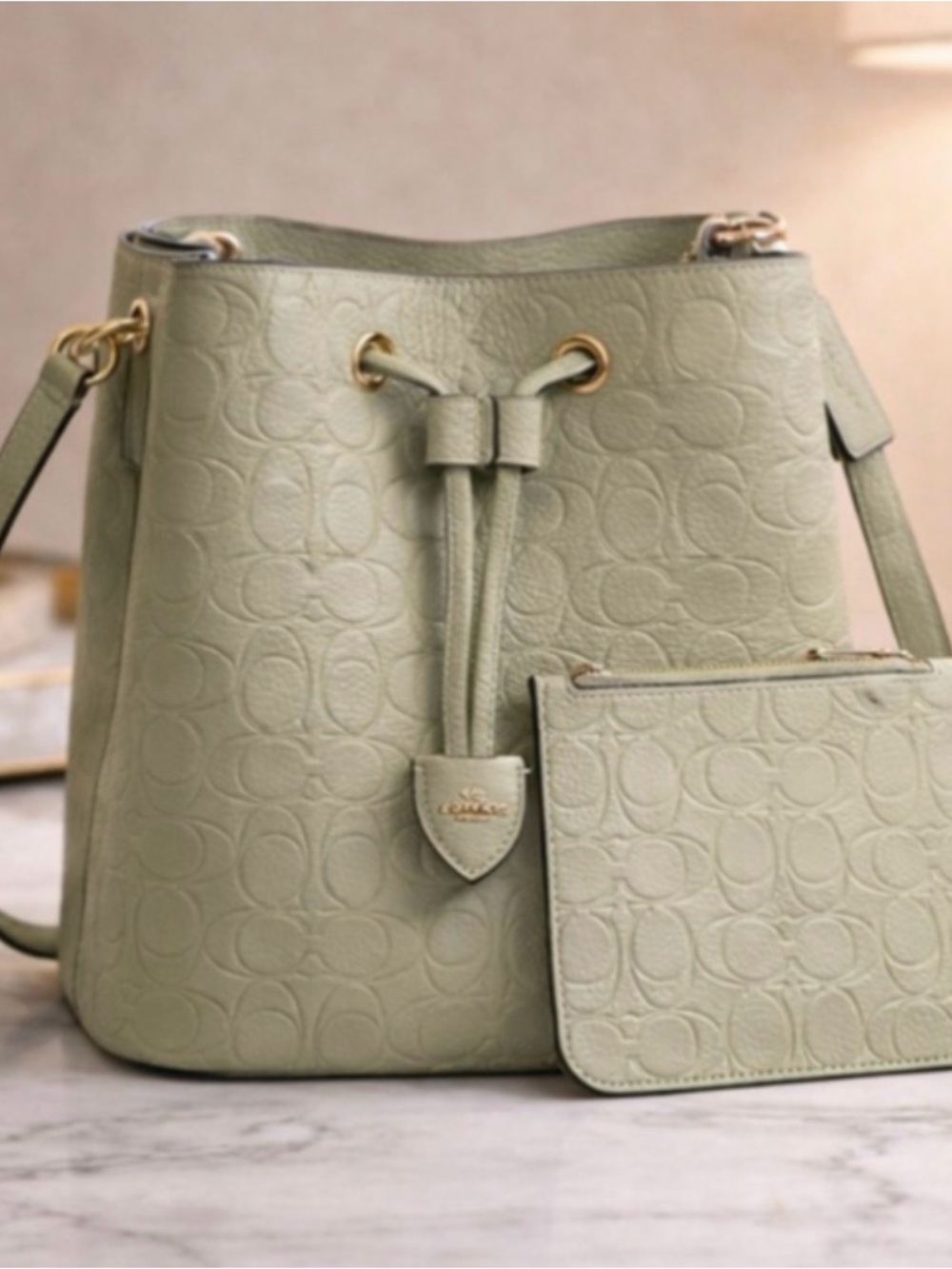 Coach Sage Green Embossed Pebbled Leather Drawstring Bucket Bag with Pouch